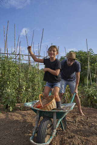 Father and daughter having fun with the wheelbarrow in garden stock photo