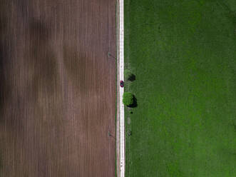 Luftaufnahme eines Autos auf einer Landstraße, die sich zwischen einem grünen und einem braunen Feld erstreckt - KNTF05174