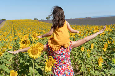 Mutter trägt Tochter auf den Schultern in einem Sonnenblumenfeld im Sommer - GEMF04085