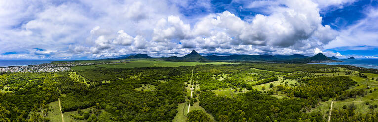 Mauritius, Black River, Flic-en-Flac, Helicopter panorama of green island landscape in summer - AMF08403