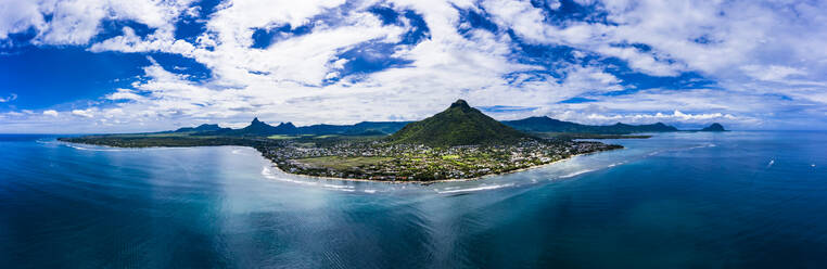 Mauritius, Black River, Tamarin, Helicopter panorama of Indian Ocean and coastal village - AMF08416