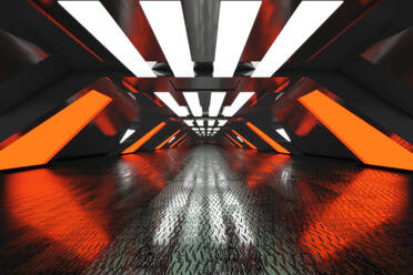 Dreidimensionales Rendering eines futuristischen Korridors mit Metallbodenbelag - SPCF00855