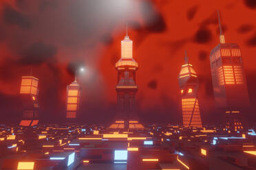 Dreidimensionales Rendering von rot beleuchteten Wolkenkratzern in einer futuristischen Stadt bei Nacht - SPCF00861