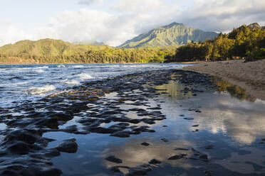 Low tide at a beach, rock formations in the sand and view of mountains and thick forest - MINF15141