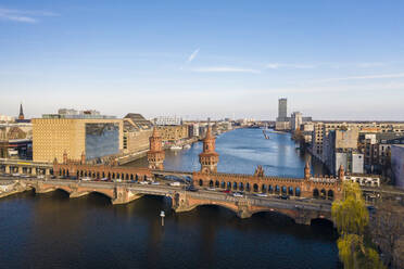 View from above of Oberbaum bridge, Spree River and Treptower park in the background, Berlin, Germany, Europe - RHPLF17391