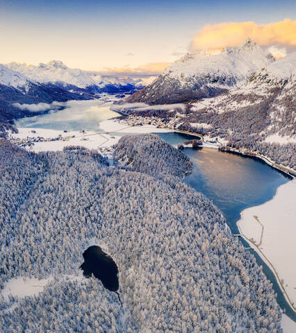 Aerial view of snowy woods around Lej Nair, Piz Polaschin, Piz La Margna, Silvaplana and Lej DaChampfer, Engadine, canton of Graubunden, Switzerland, Europe stock photo
