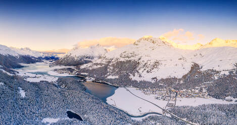 Aerial view by drone of Lej Da Champfer, Silvaplana, snowy Piz Da La Margna and Piz Polaschin, Engadine, canton of Graubunden, Switzerland, Europe - RHPLF17414