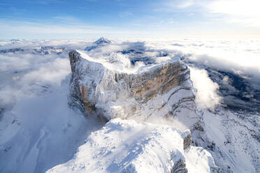 Aerial view of Monte Pelmo in winter, Dolomites, Belluno province, Veneto, Italy, Europe - RHPLF17427