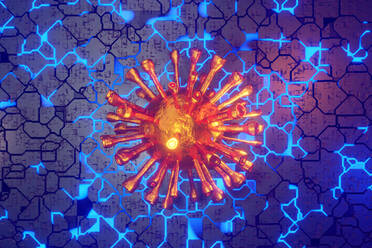 Dreidimensionale Darstellung einer Viruszelle über einer leuchtenden Leiterplatte - SPCF00865