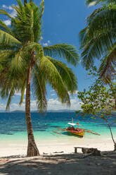 Malerische Ansicht von Sandstrand mit Boot und Palme auf dem Hintergrund von Dschungel und blauem Himmel - ADSF11343