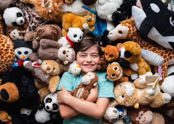 Happy young boy surrounded by his stuffed animals shot from above. - CAVF88500