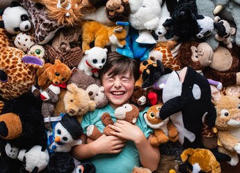 Happy young boy surrounded by his stuffed animals shot from above. - CAVF88501