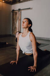 Barefoot unrecognizable woman in sportswear concentrating and doing upward facing dog exercise on sports mats on wooden floor against white walls of spacious hall - ADSF11515