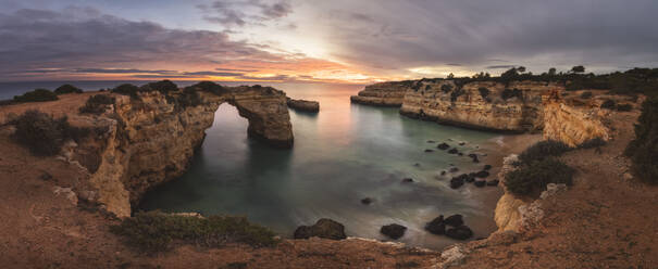 Sunset in Algarve Cliffs in panoramic from aerial view - CAVF88585