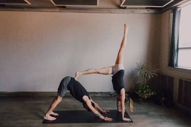 Side view of young barefooted man and focused woman in sportswear doing balance exercise standing in dog pose while training together on floor in light contemporary workout room - ADSF11590