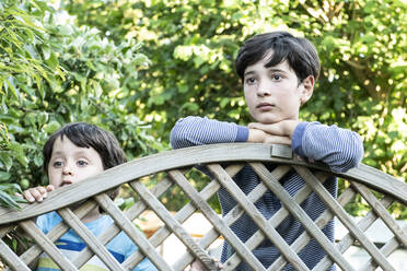 Porträt von zwei braunhaarigen Jungen, die über den Gartenzaun blicken. - CUF56390