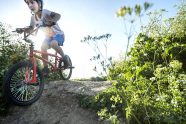 Junge fährt auf einem roten BMX-Fahrrad einen Abhang hinunter. - CUF56457