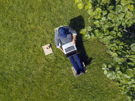 Man using laptop in garden - KNTF05262
