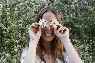 Smiling woman covering eyes with white flowers against plants in park during spring - RDGF00067