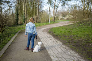 Mädchen mit Hund auf dem Fußweg stehend - JOSEF01496