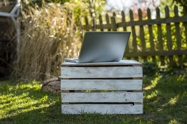 Laptop on wooden container in backyard - JOSEF01501