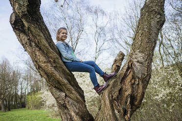 Smiling girl balancing over tree trunk in park - JOSEF01541