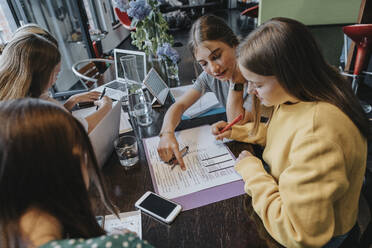 Teenage girls studying and learning from home, assisting eachother - MFF06011