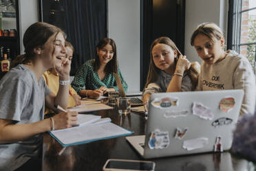 Teenage girlfriends studying at home, using laptop - MFF06014