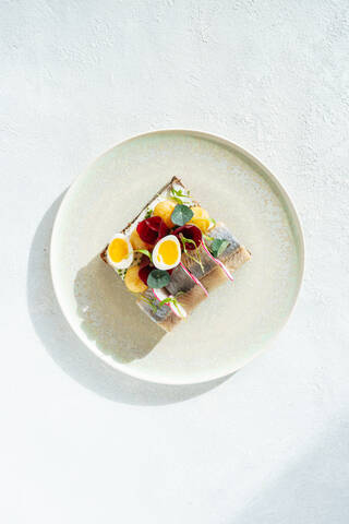 Overhead yummy fish sandwich with fresh vegetables and boiled quail eggs placed on plate in cafe stock photo