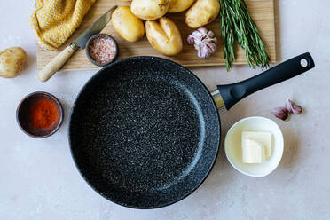 Cooking ingredients near frying pan - ADSF11792