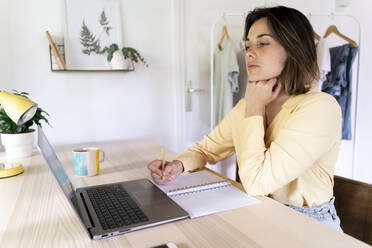 Schöne junge Geschäftsfrau, die auf einen Laptop schaut, während sie mit einem Tagebuch sitzt - AFVF07045