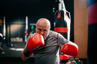 Starke konzentrierte reifen erwachsenen Sportler in roten Boxhandschuhen üben Schläge während des Trainings in modernen Club - ADSF12109