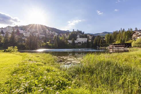 Schweiz, Kanton Graubünden, Arosa, Sonnenschein über dem Ufer des Untersees im Sommer mit der Stadt im Hintergrund - WDF06174