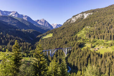 Panoramablick auf das Langwieser Viadukt und die bewaldeten Plessur Alpen im Sommer - WDF06179