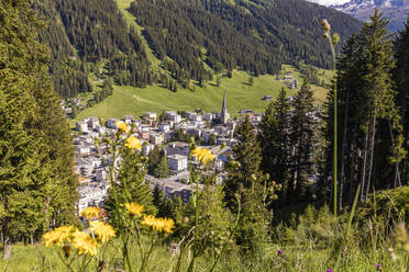 Schweiz, Kanton Graubünden, Davos, Stadt im bewaldeten Tal der Rätischen Alpen im Sommer - WDF06182