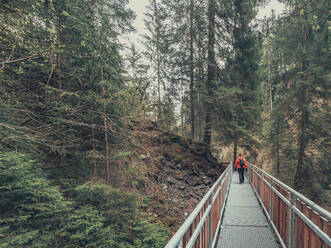 Rückenansicht eines weiblichen Touristen, der die schöne Aussicht auf einen Bergwald bewundert, während er auf einem Wanderweg in den Dolomiten, Italien, wandert - ADSF12150