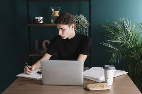 Handsome young man writing in book while sitting with laptop at table - ALBF01376