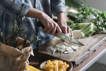 Mittelteil eines jungen Mannes, der Fenchel auf einem Brett in der Küche schneidet - ALBF01399