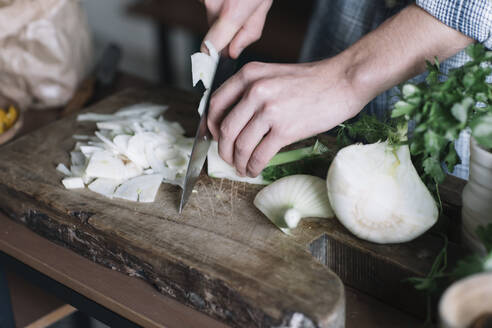 Hands of man cutting fennel on board in kitchen - ALBF01400