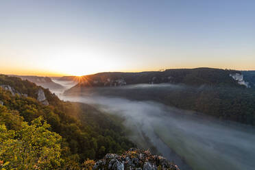 Germany, Baden-Wurttemberg, Scenic view of Danube Valley shrouded in fog at summer sunrise - WDF06244