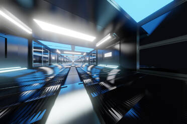 Dreidimensionales Rendering eines langen geraden Korridors in einem Raumschiff oder einer Raumstation - SPCF00891