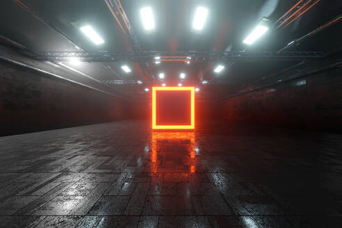 Dreidimensionales Rendering eines rot leuchtenden Quadrats in einem großen Lagerhaus - SPCF00895