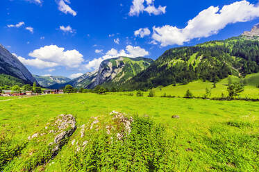 Austria, Tyrol, Vomp, Scenic view of green Lower Inn Valley in summer with village in background - THAF02808