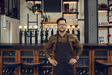 Portrait of a confident waiter at the counter in a pub - ZEDF03685