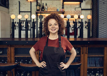 Portrait of a confident waitress at the counter in a pub - ZEDF03687