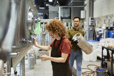 Mann und Frau arbeiten in einer Handwerksbrauerei - ZEDF03693