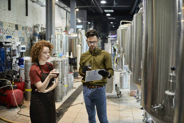 Ein Mann und eine Frau arbeiten in einer handwerklichen Brauerei und diskutieren über die Qualität eines Bieres - ZEDF03709