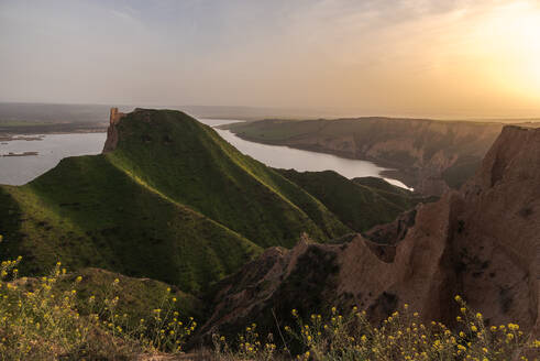 Kleine gelbe Blumen wachsen gegen grüne grasbewachsenen Hügel in friedlicher Natur in der Nähe von alten Turm Ruinen auf einem Sonnenuntergang Landschaft mit See auf dem Hintergrund - ADSF12638