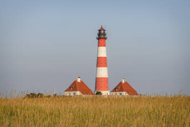 Deutschland, Schleswig-Holstein, Westerhever, Wiese vor dem Leuchtturm Westerheversand - KEBF01610