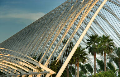 Architektur der offenen Kunstgalerie Terraza L Umbracle mit grünen Palmen vor blauem Himmel - ADSF12820